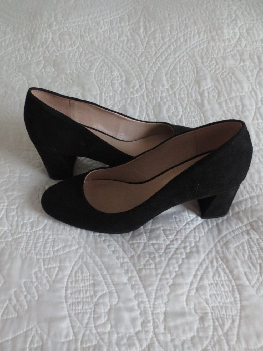 Classic Round Toe Black Suede Chunky Block Squared Heels - Picture 4 of 11